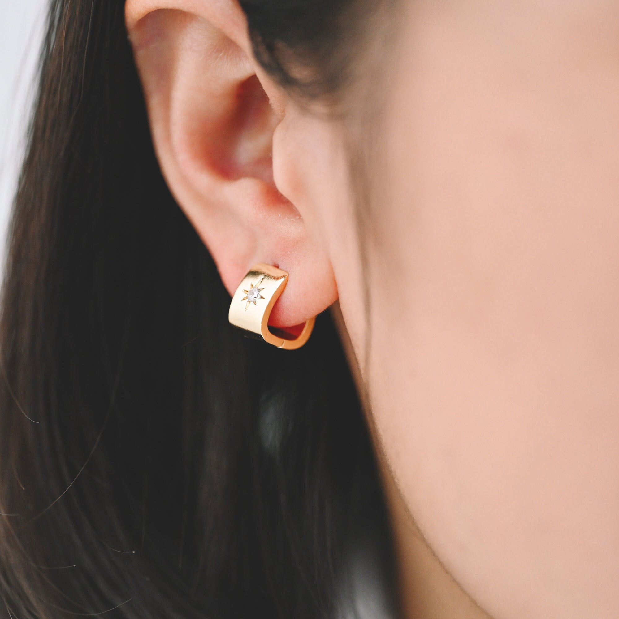 4pcs CZ Pave North Star Hoop Earrings, Dainty Huggie Earrings, Minimalist Earring, Small Gold Hoops Earring (GB-3744)